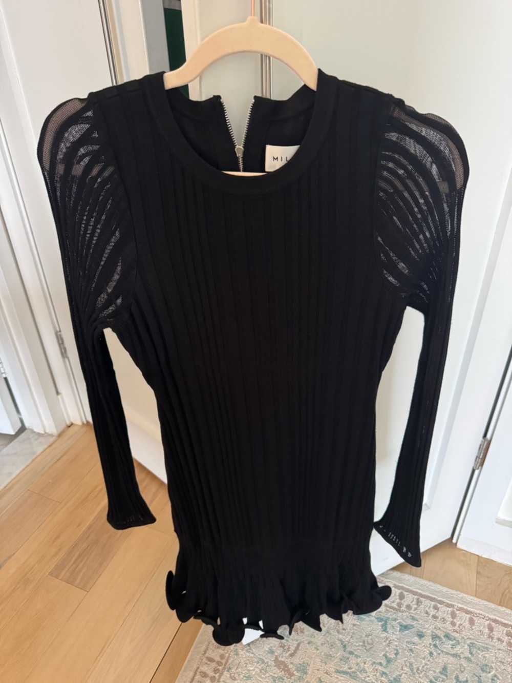 Milly Black Ribbed Long-Sleeve Sheer-Sleeve Dress